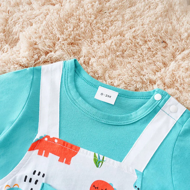 Baby\'s Fake Shoulder Strap Ha Yi Newborn Pure Cotton Jumpsuit Cartoon Dinosaur Long Sleeved Spring And Autumn Clothes