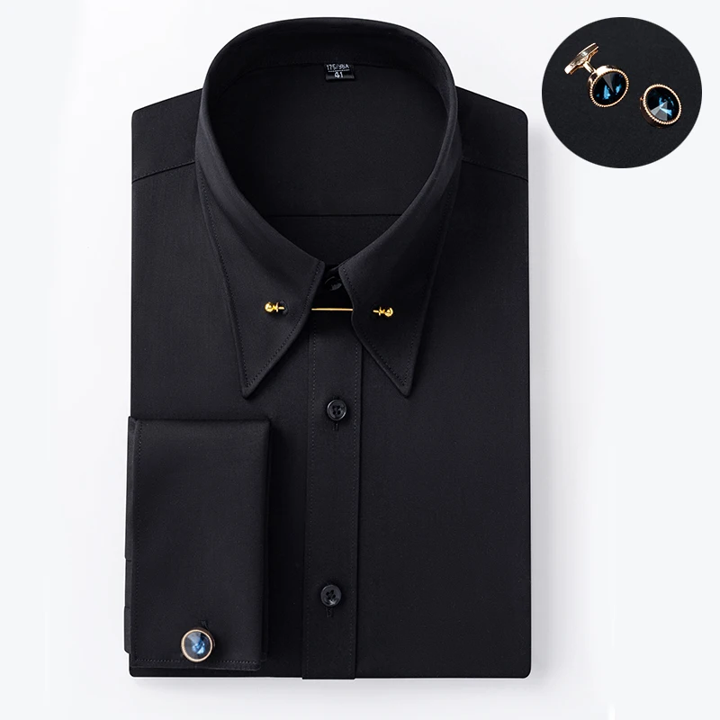 Men's Imperial Collar French Cufflink Shirt No Tie with Pinhole Long Sleeve Slim Fit Different Colour Collar Bamboo Fiber