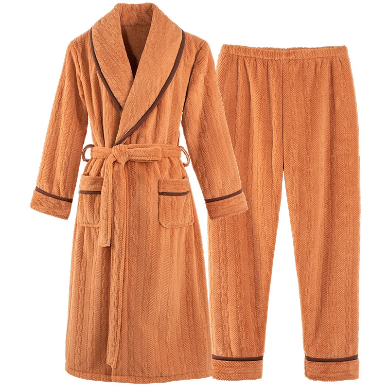 Winter Thick Robe Set Couples Sleepwear Warm Flannel Bathrobe With Pants Long Sleeve Nightgown Kimono Bath Gown Thick Peignoirs