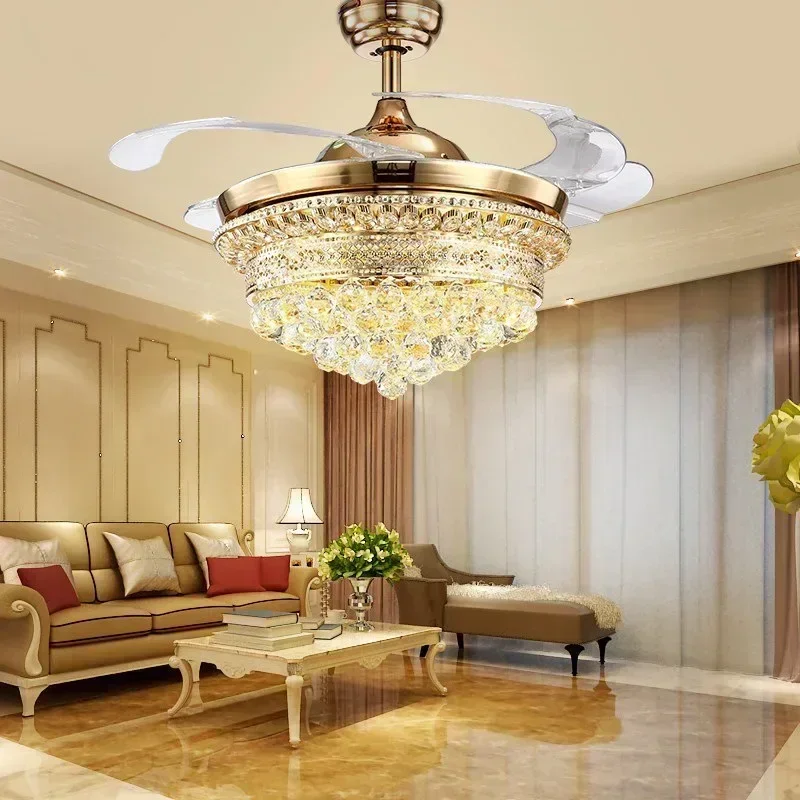 

Nordic luxury crystal ceiling fan light atmosphere living room invisible fan remote control bedroom dining room ventilation