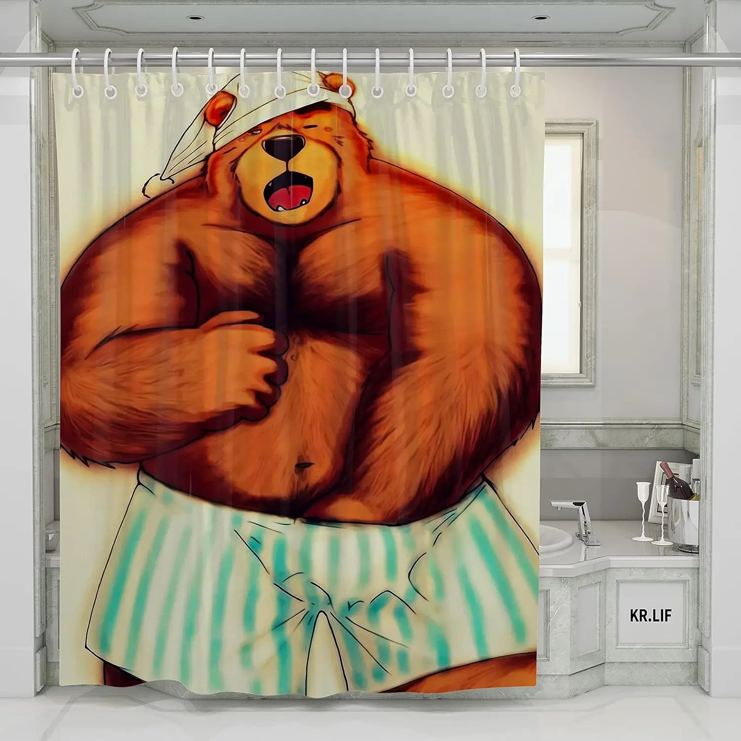 

Funny Bear Sleep Shower Curtain Set Gay Pride Theme Bath Curtains LGBT Bathroom Decor Polyester Fabric with Hooks