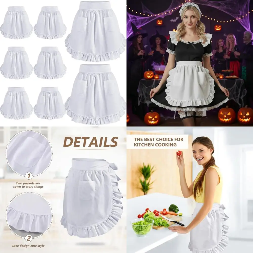 

Белый женский фартук горничной в стиле ретро из 8 предметов с оборками и карманами для Хэллоуина и косплея