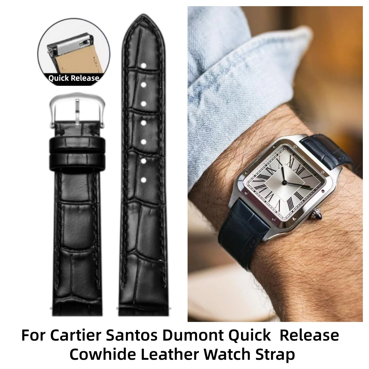 Fit For Cartier Santos Dumont Genuine Cowhide Leather Alligator Pattern Watch Strap 15.5mm 17.5mm 19mm With Quick Release Bar