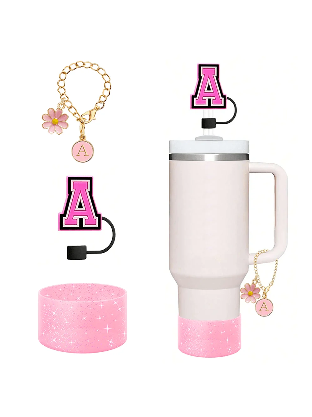 3Pcs Set Specially Designed for Stanley Cup Accessories, 1 Piece Initial Silicone Straw Lid, 1 Piece Name ID Letter Handle Charm