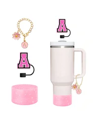 3Pcs Set Specially Designed for Stanley Cup Accessories, 1 Piece Initial Silicone Straw Lid, 1 Piece Name ID Letter Handle Charm
