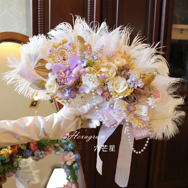 Original handmade ostrich hair gorgeous flower marriage court tea party fan catwalk props