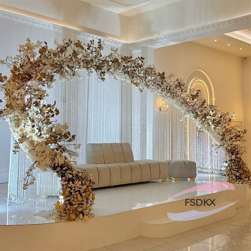 2024 New Wedding Stage Backdrop Decoration White Arch Curve Shape Metal Backdrop Stand With Hanging Crystal