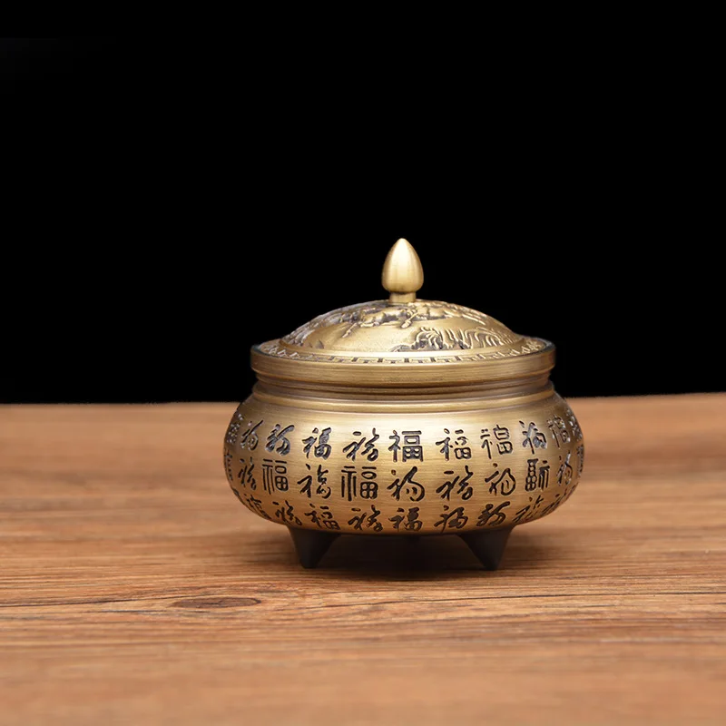 Brass Incense Burner with Hundred Blessings and Three Legs Home Furnishing Hundred Blessings Censer Ornament
