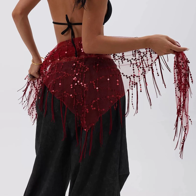 อเนกประสงค์ Belly Dance เอวพู่สามเหลี่ยมผ้าพันคอเข็มขัดเอวแจ๊สเต้นรําอุปกรณ์เสริมเต้นรําอินเดียวันหยุดผายลมผ้าม่าน