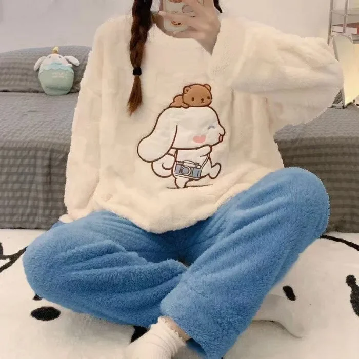 New Cartoon Print Velvet Autumn Winter Long-sleeved Pajamas Girl Flannel Cartoon Loungewear Suit Velvet Pajamas