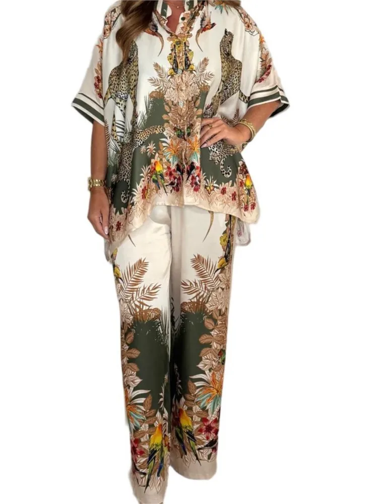الصيف موضة عادية الساتان طباعة المرأة الخفافيش قميص مجموعة المرأة الساتان مجموعة جديدة أنيقة عادية فضفاض عطلة 2 قطعة مجموعة للمرأة