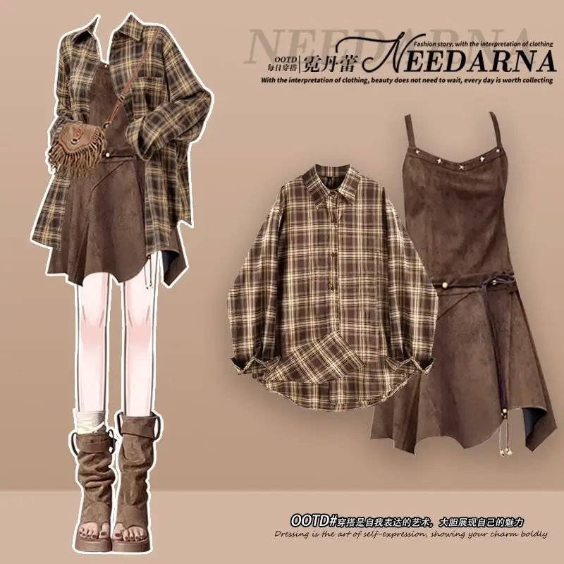 

Осень 2023, новая клетчатая рубашка, платье в западном ковбойском стиле, комплект из двух предметов, женский комплект с юбкой