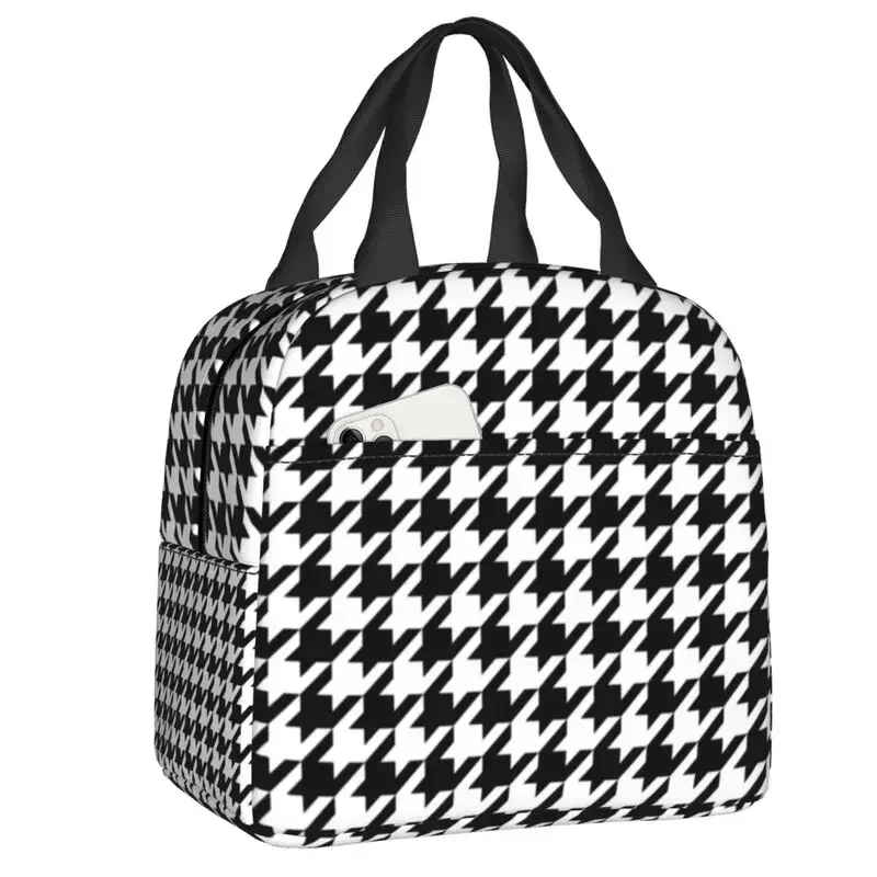 Custom Houndstooth Black And White Checkered Lunch Bag Dogstooth Geometric Cooler Warm Insulated Lunch Box for Kids School