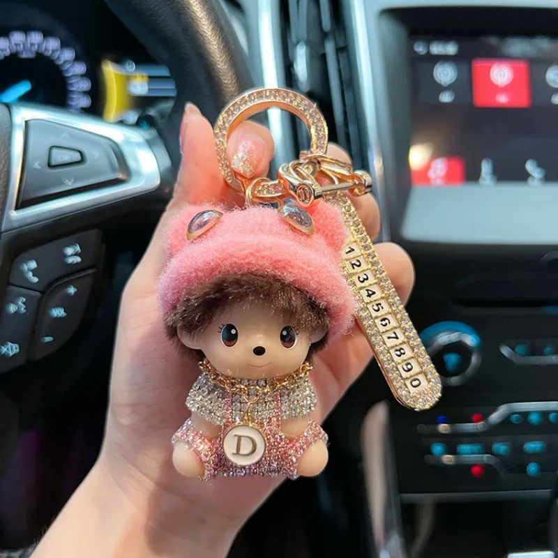 Creative Diamond Knitted Hat Doll Keychain Anti Loss Phone Number Plate Fashion Car Keychain