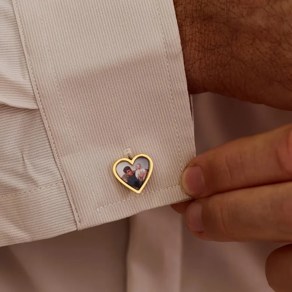 Custom Photo Heart Cufflinks Stainless Steel Customized Picture Cuff Links Suit Accessories Wedding Memorial Groom Father Gift