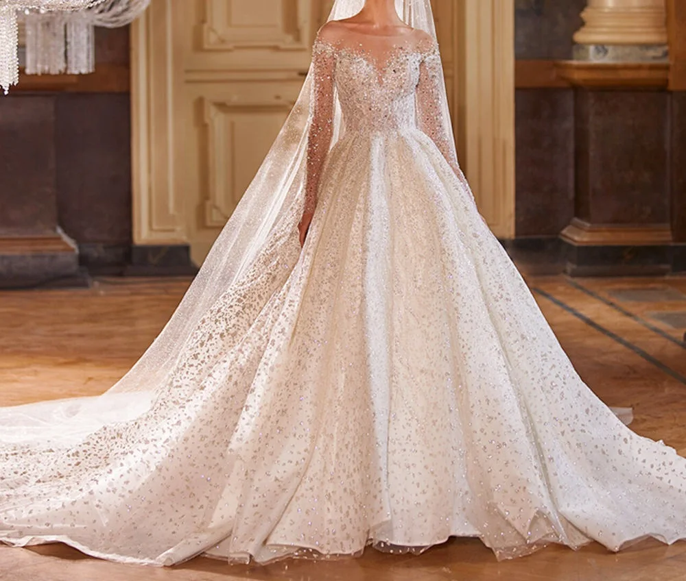 

Luxury Wedding Dresses for Women Long Sleeve Princess Sparkling Beaded Bridal Dress Vestidos De Novia Robe De Soiree Disfraz