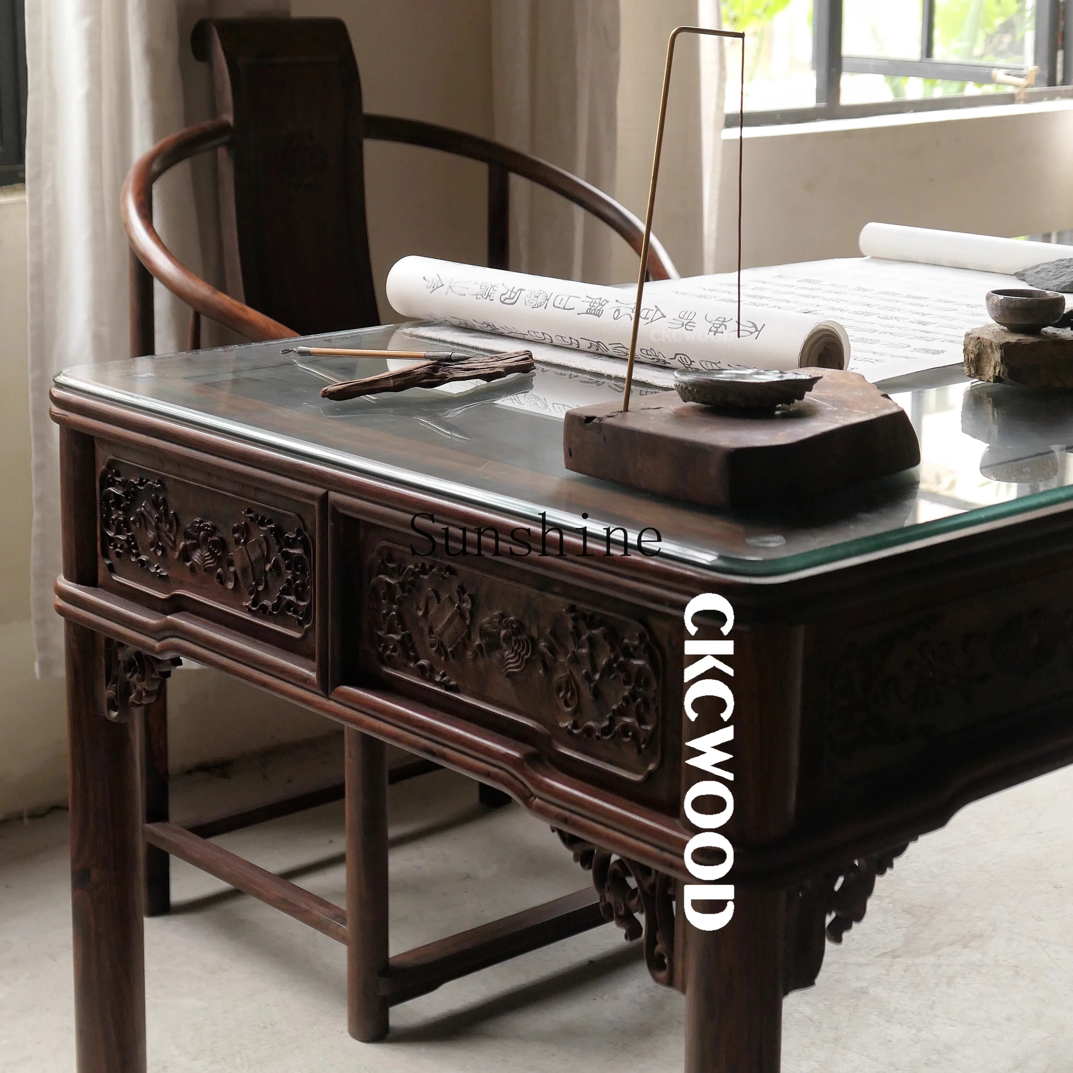 Big red rosewood unpainted 160cm desk Chinese style, old cross-toed rosewood