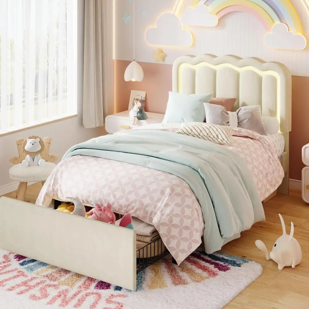 Twin Size Velvet Platform Bed with LED Lights, Storage, Adjustable Wavy Headboard, Noise-Free, Easy Assembly, No Box Spring Need