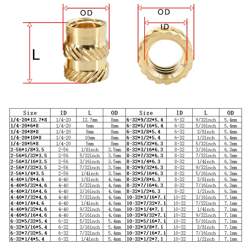 3D Printing Part Insert Heat Threaded Brass Nut Knurled Hot Melt Molding Injection Embed Insert Nut1/4 2-56 4-40 6-32 8-32 10-32