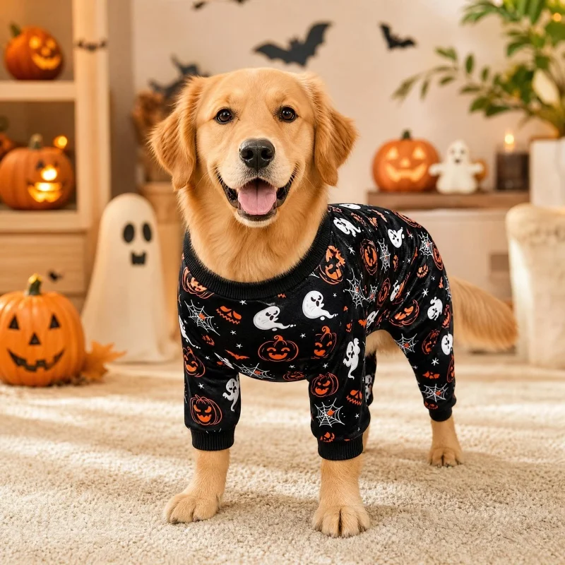 Lustiger Kürbis-Print Hund Halloween Pyjama Lässiges Warmes Haustier-Kostüm Party Welpenkleidung – Detail 2