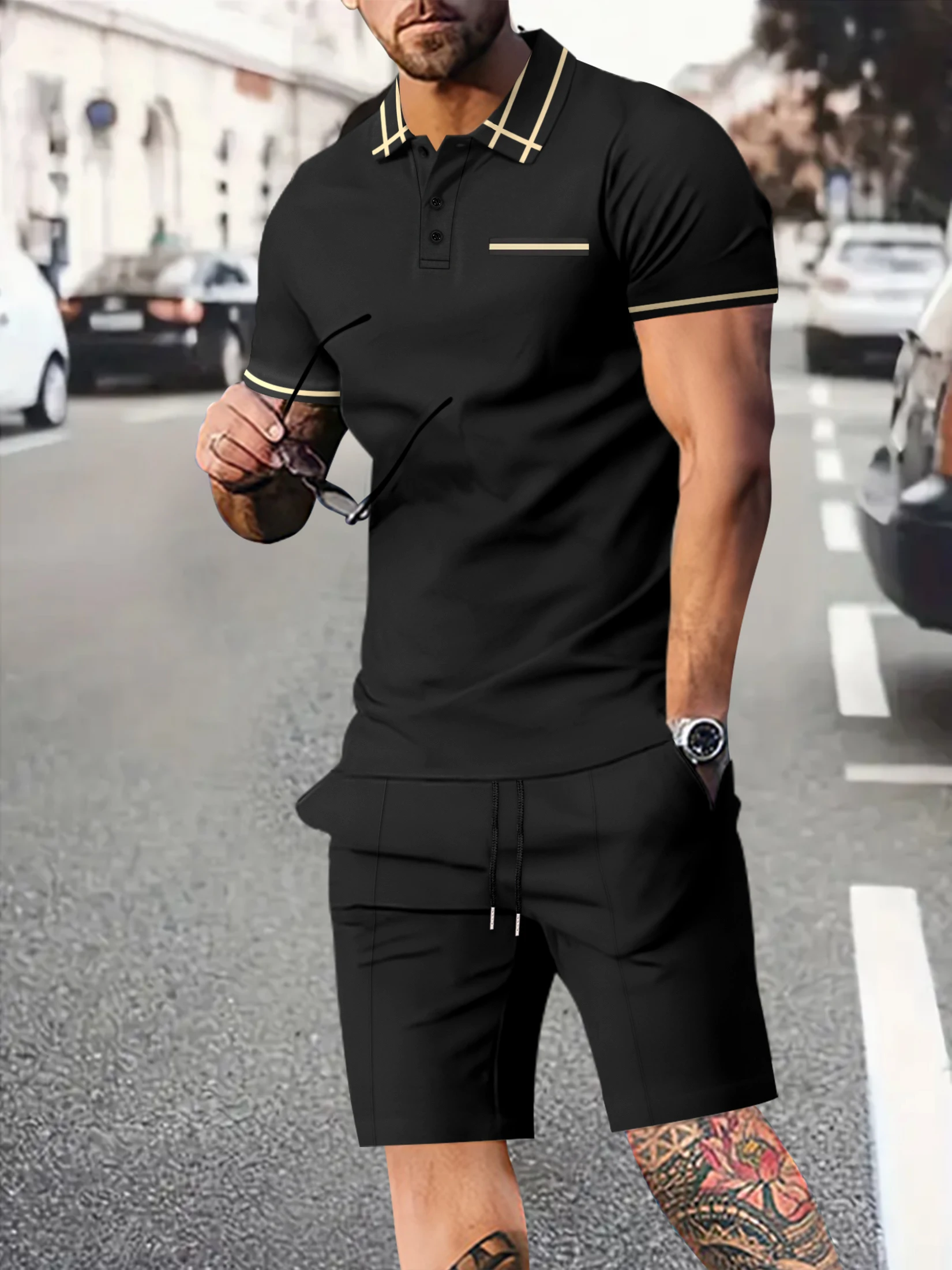Summer Men's Short Sleeve Suit Fashion Solid Color Casual Shorts Sportswear Short Sleeve Two-piece Sets Men's Suit