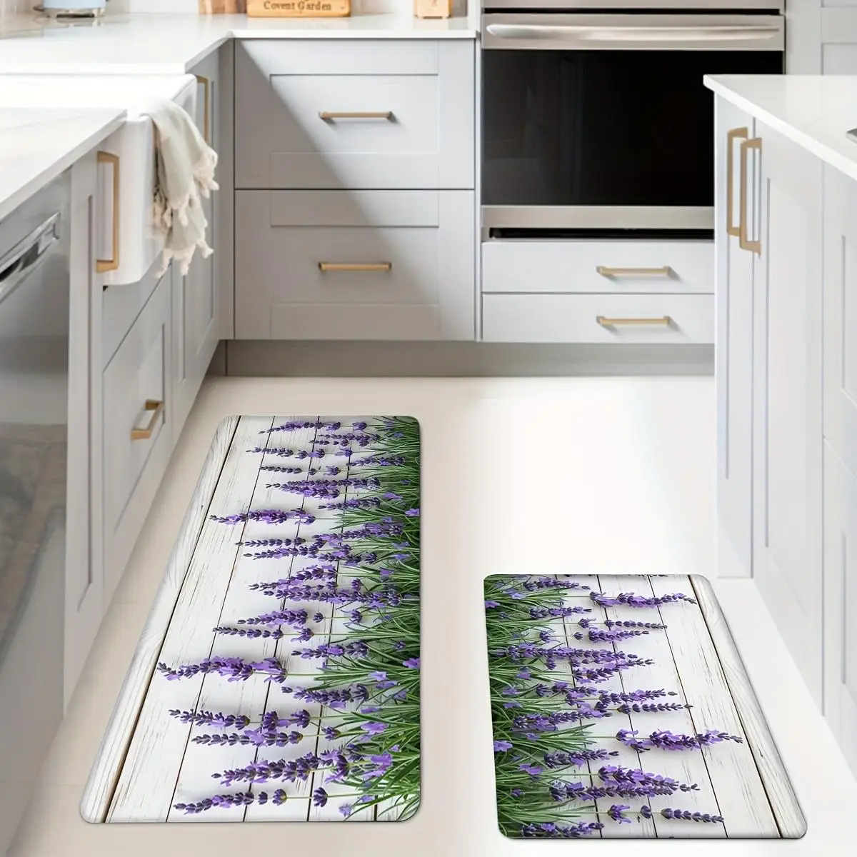 Lavender Flower Print Kitchen Rug, Non-Slip Cushioned Comfort Standing Mat, Heavy Duty Floor Carpet for Home Sink Laundry