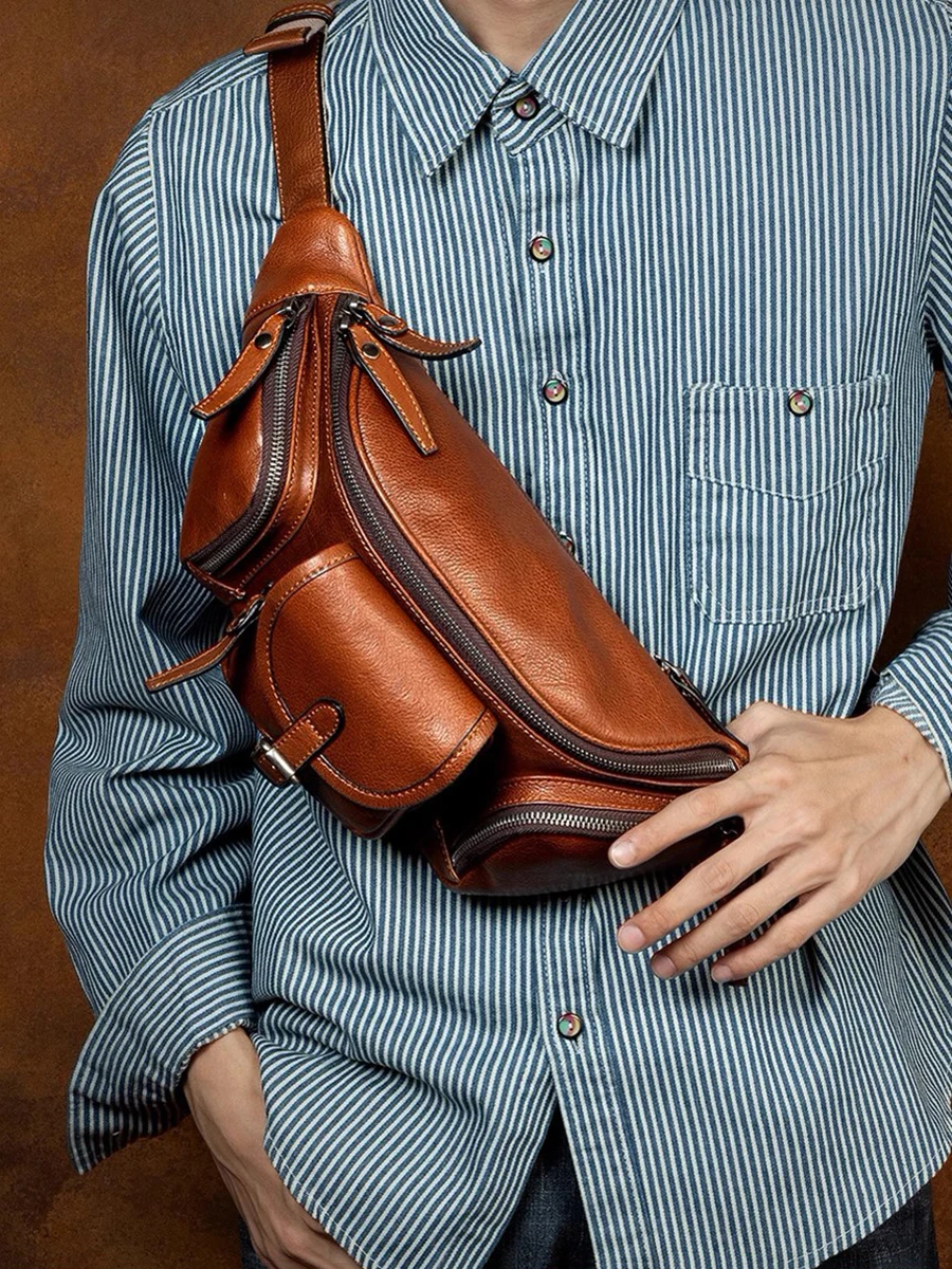 Riñonera de cuero genuino para el pecho para hombre, bolso de cintura para deportes al aire libre, a la moda, de cuero de vaca, con cremallera, para