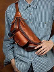 Sacs de poitrine en cuir véritable pour hommes, sac banane, sac de ceinture, cuir de vachette, sacs de téléphone à fermeture éclair, sports de plein air, mode