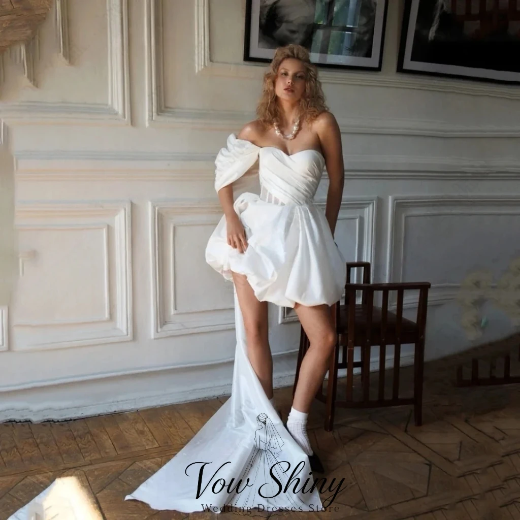 Vow Shiny Stylish Sweetheart Collar Satin Wedding Dress For Woman One Shoulder A-Line Mini Outdoor Bridal Gown Customized