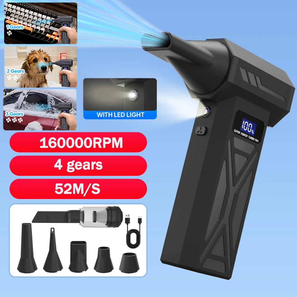 

Турбореактивный вентилятор, воздуходувка Hurricane мощностью 160000 об/мин, беспроводной электрический пылевой воздушный насос, 4-скоростной регулируемый бесщеточный двигатель, 4000 мАч