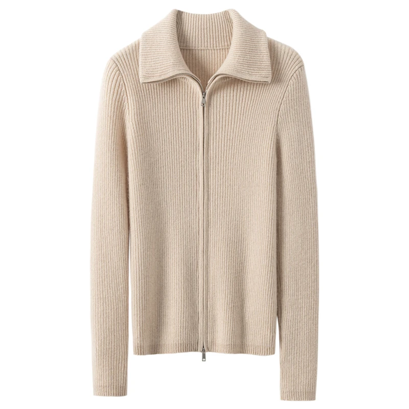 Autumn Winter 100% Pure Cashmere Women Rib‑Stitch Double‑Zipper Turn‑Down Collar Slim‑Fit Cardigan Minimalist Commuter Outfit