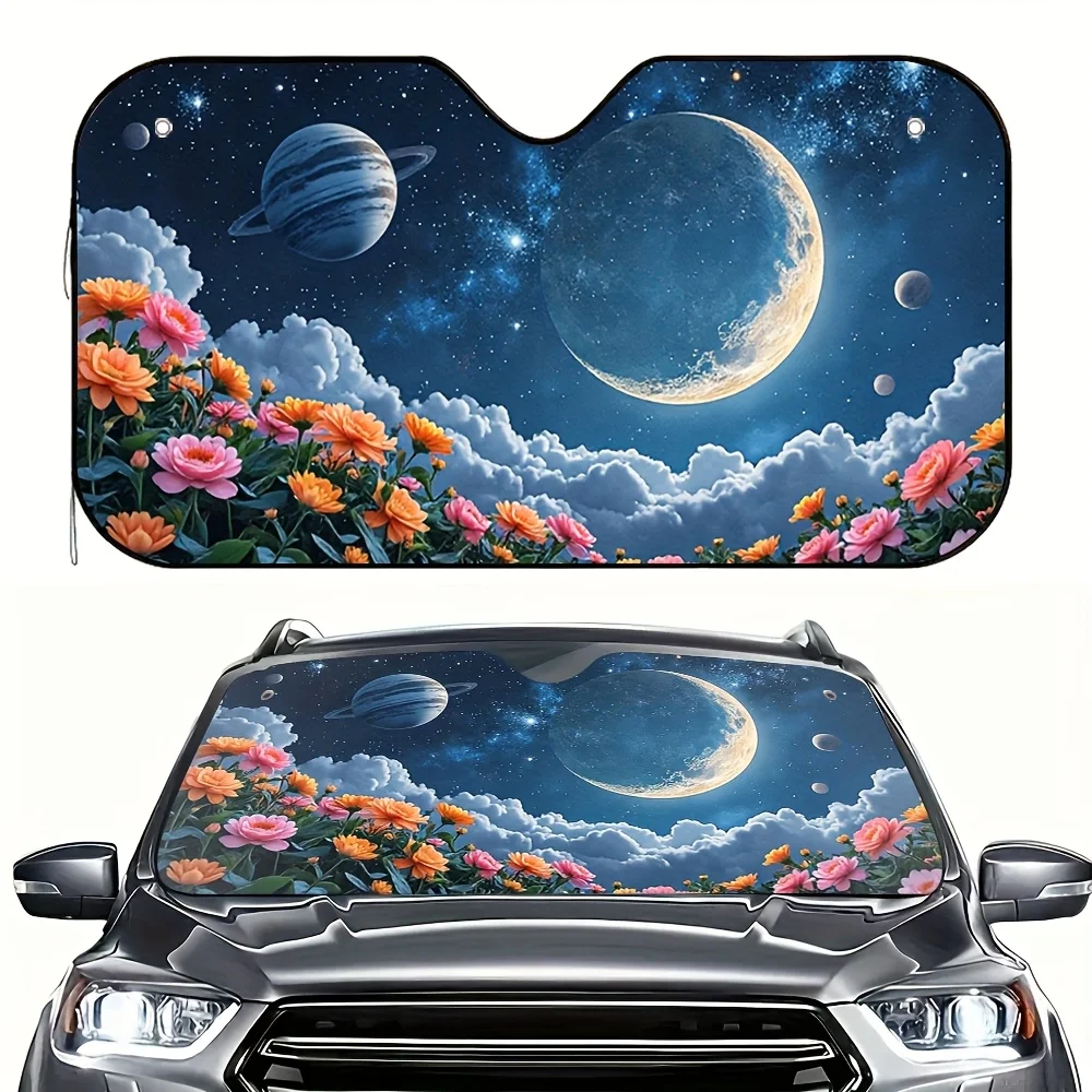 

1pc Moon And Flower Night Sky Car Sun Visor - Heavy-Duty Elastic Sunshade With Vibrant Cosmic & Floral Design, Stretchy Material