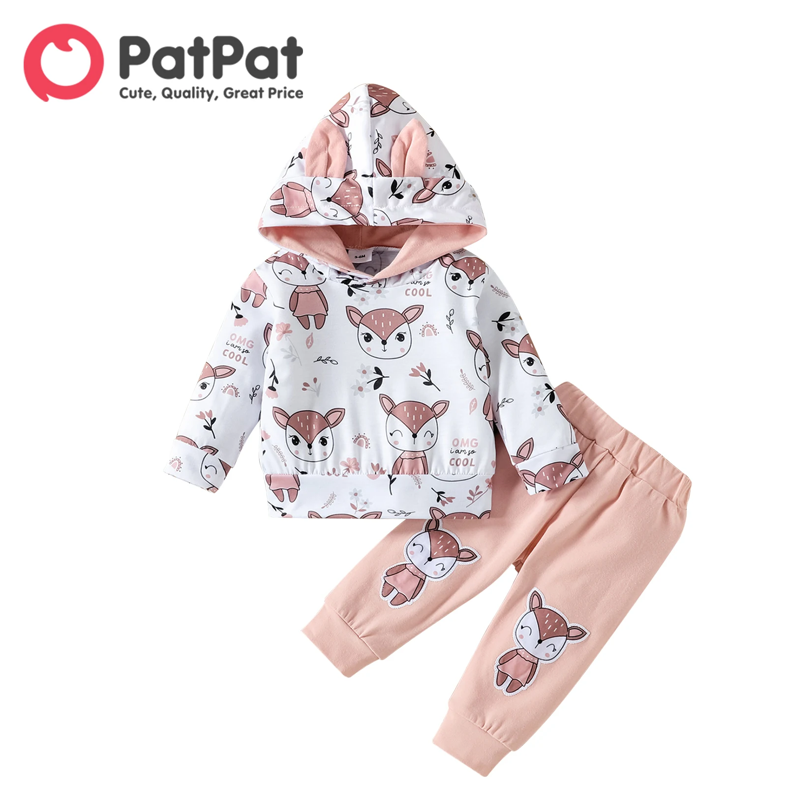 PatPat 2pcs Baby Girl 95% Cotton Animal Print Sweatpants and Long-sleeve Hoodie Set