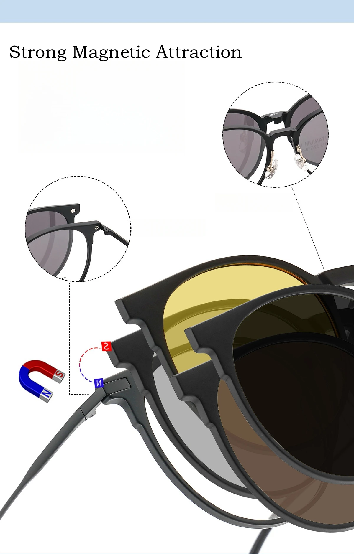 YIMARUILI 1+4 Retro Runde Magnetische Clip-On-Brille für Damen und Herren TR90 Reines Titan Optisches Brillengestell – Detail 3
