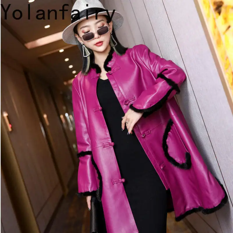 YOLANFAIRY Women Mid-length Red Leather Jacket 2026 Autumn Korean Style Genuine Sheepskin Coat with Mink Fur Trim Outerwear