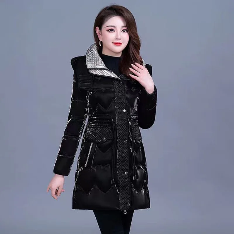 Fdfklak Bright Wash-free Down Cotton-padded Jacket Long Middle-aged Winter Jacket Women 5XL Big Size Coat ropa de invierno mujer