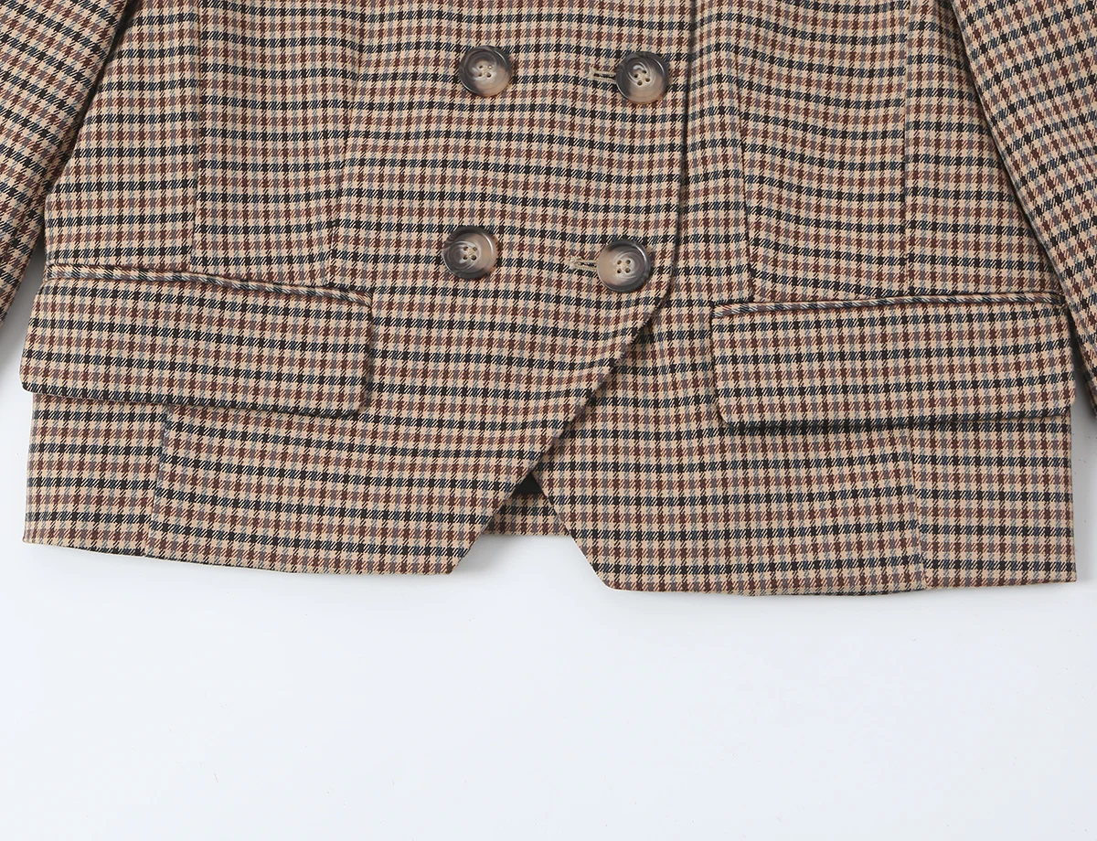 BSAY 2026 Neues Vintage Damen-Karomuster 2-teiliges Outfit mit Stehkragen, doppelreihiger, kurzer Jacke und weitem Hosenbein, lässiger Anzug – Detail 9