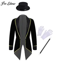 4-16Y Girls Halloween Circus Ringmaster Magician Cosplay Performance Costume Long Sleeve Lapel Tailcoat with Hat Magic Wand Set