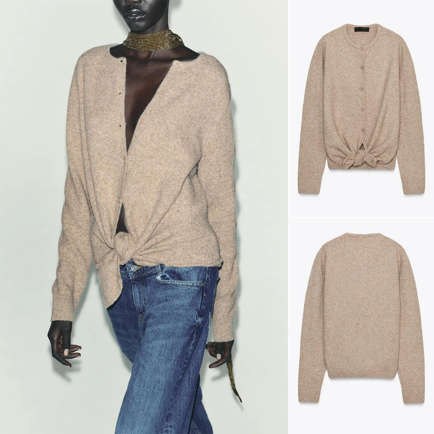 Autumn New Women's Knitted Long Sve round Ne Coat Button Decoration Polyester Fiber Loose Fit Sle French Sle Cardigan
