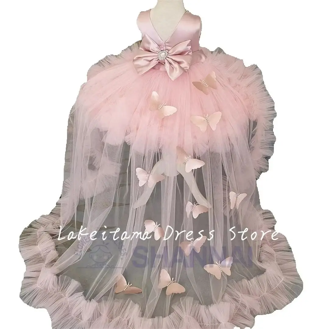 Weddings Bow Girls Flower Girl Dresses Appliques Tulle Cap Sleeve Child Exquisite Hi-Lo Princess Party Birthday Pageant Gown