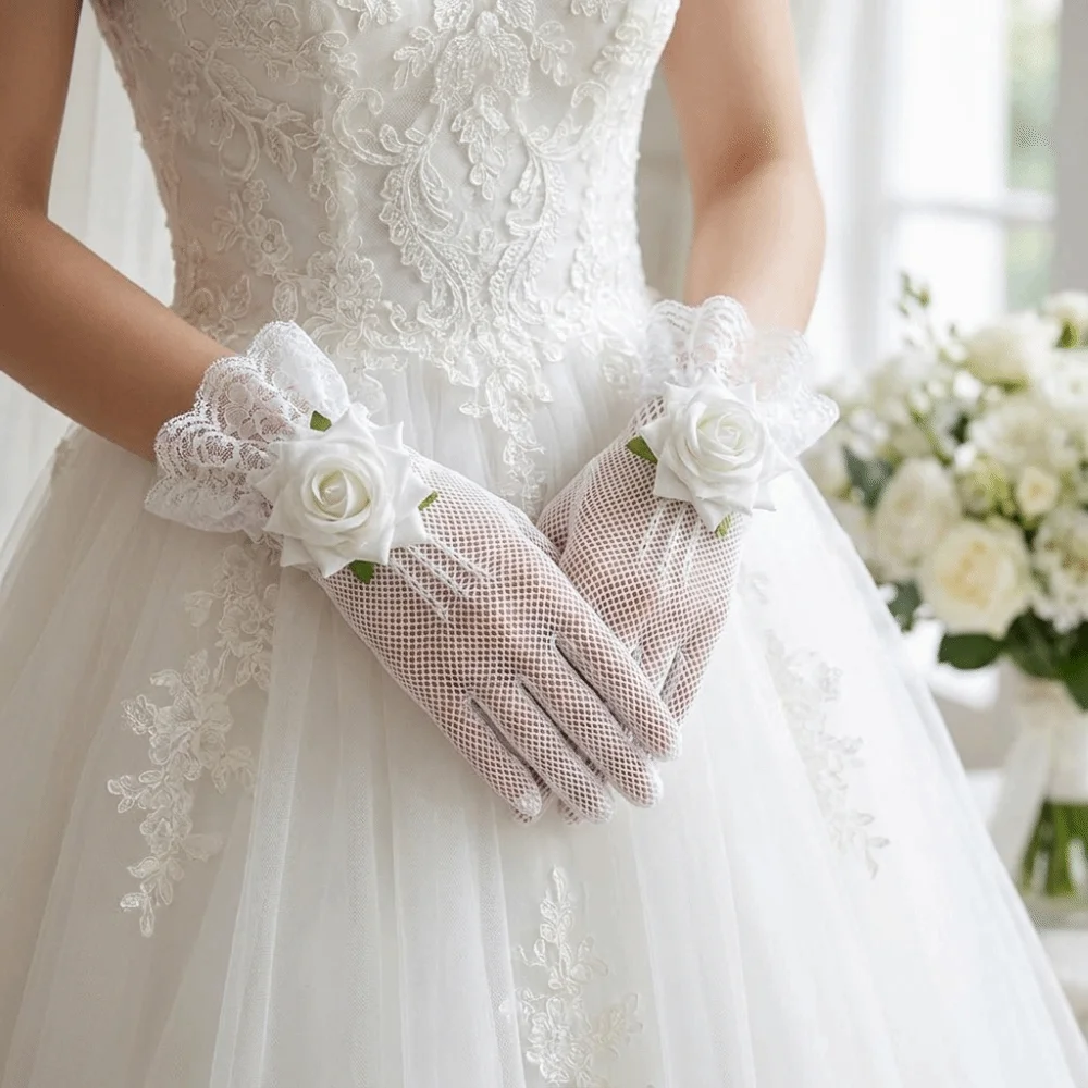 Unique Rose Flower Fishnet Gloves Thin Breathable Lace Gloves Gothic Punk Mesh Mittens Wedding