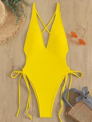Sexy diep uitgesneden badpak uit één stuk Damesbadkleding met veters voor dames Monokini Beachwear Solid