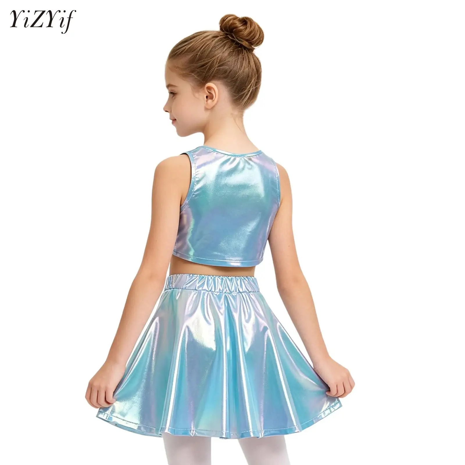 

Kids Girls Metallic Hip Hop Jazz Street Dance Outfit Shiny Crop Top with Skirts for Modern Latin Jazz Cheerleading Performance