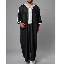 Kaftan bordado manga comprida em o pescoço masculino, robe árabe, moda muçulmana Abaya, festa casual Jubba Thobe, Dubai Turquia