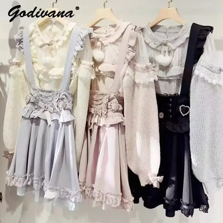 

Japanese Liz Mine Series Mass-Produced Bow Lace Knit Sweater Long Sleeve Shirt Suspender Skirt Women Girls 2 Piece Outfits