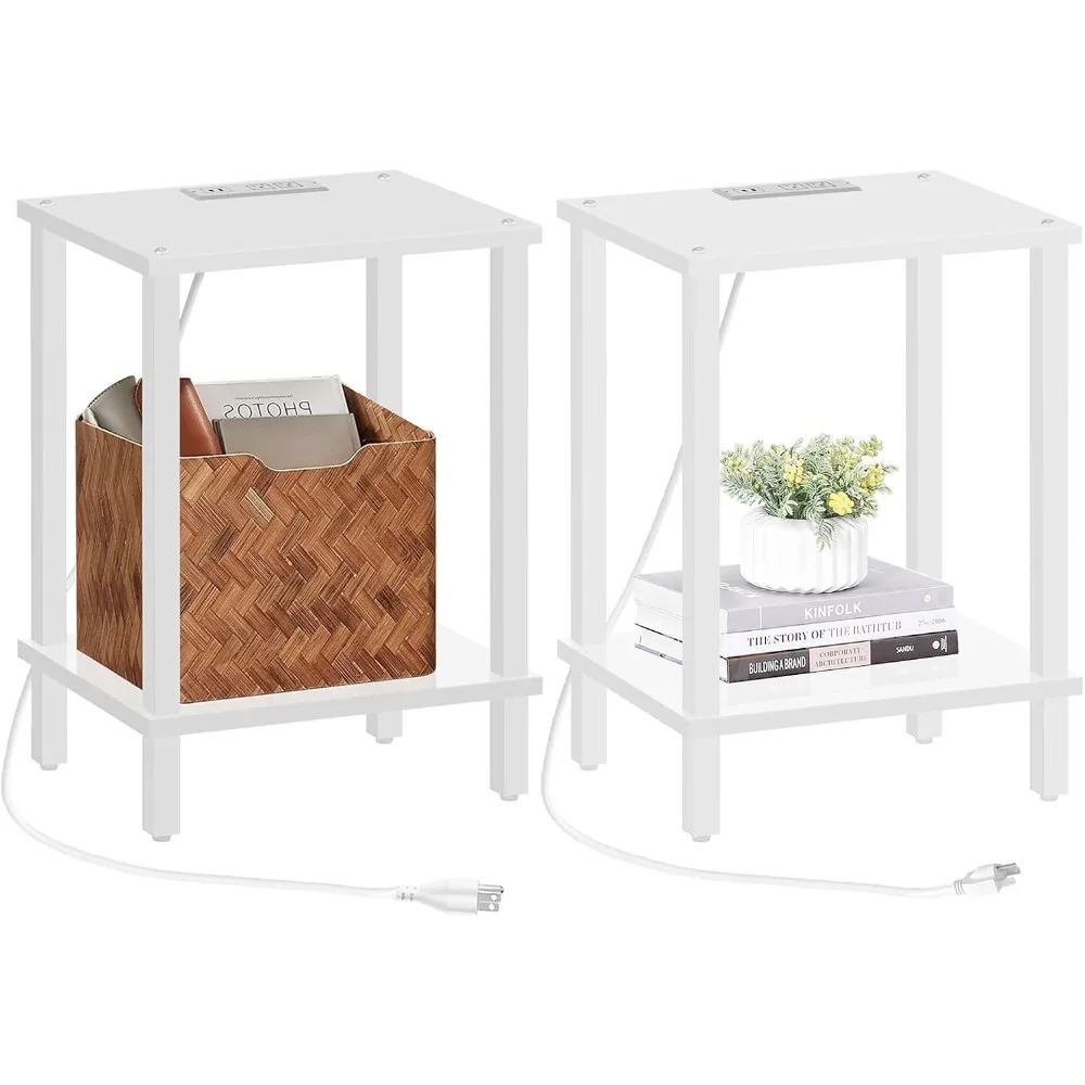

Two-Piece Charging Station End Tables with Outlets, Compact Nightstand Side Tables for Bedside, Featuring Dual-Tier Stor
