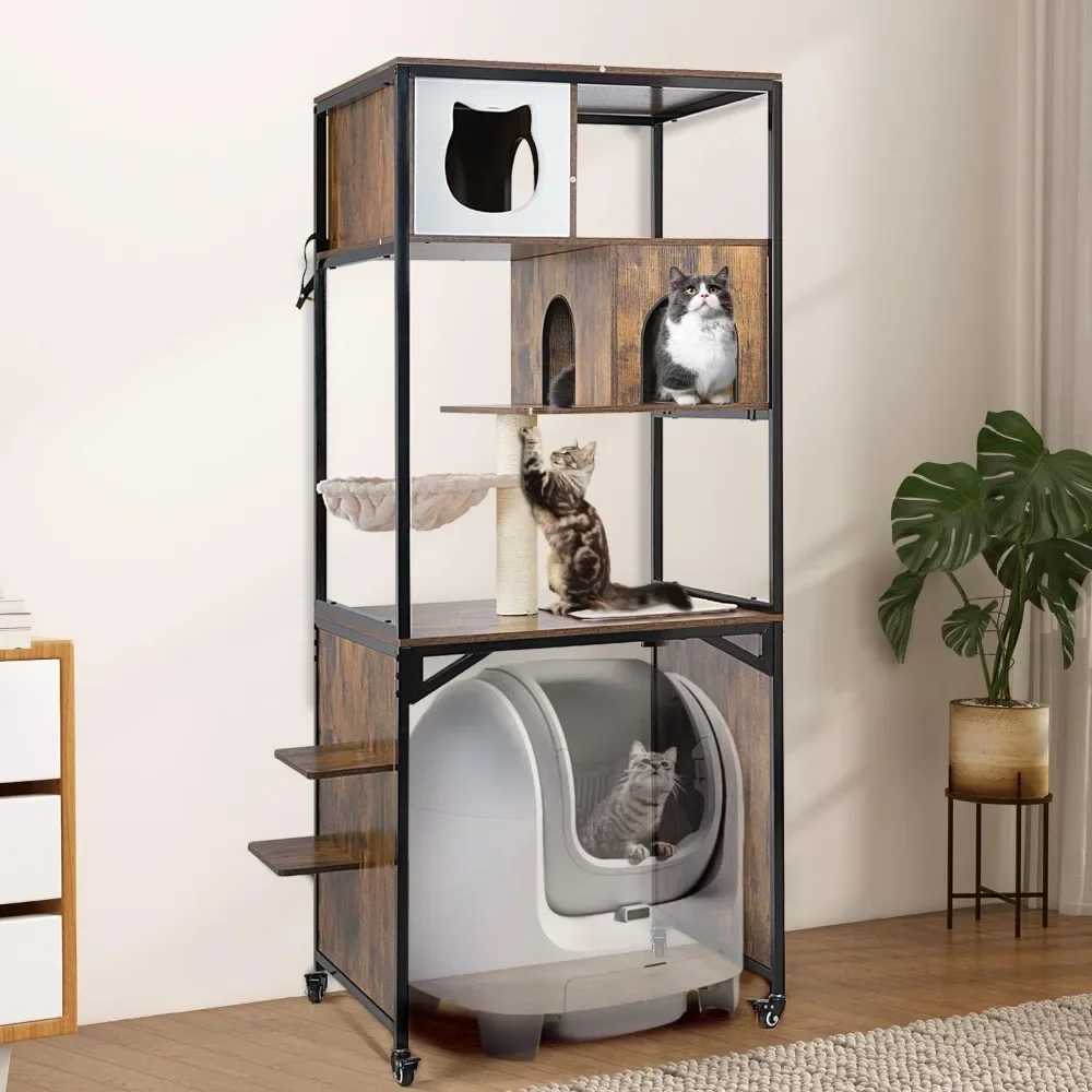 

68-Inch Cat Tower with Litter Box Enclosure & Hammock – 2-in-1 Indoor Cat Tree Furniture, Metal Frame,Easy Assembly Cat Condo
