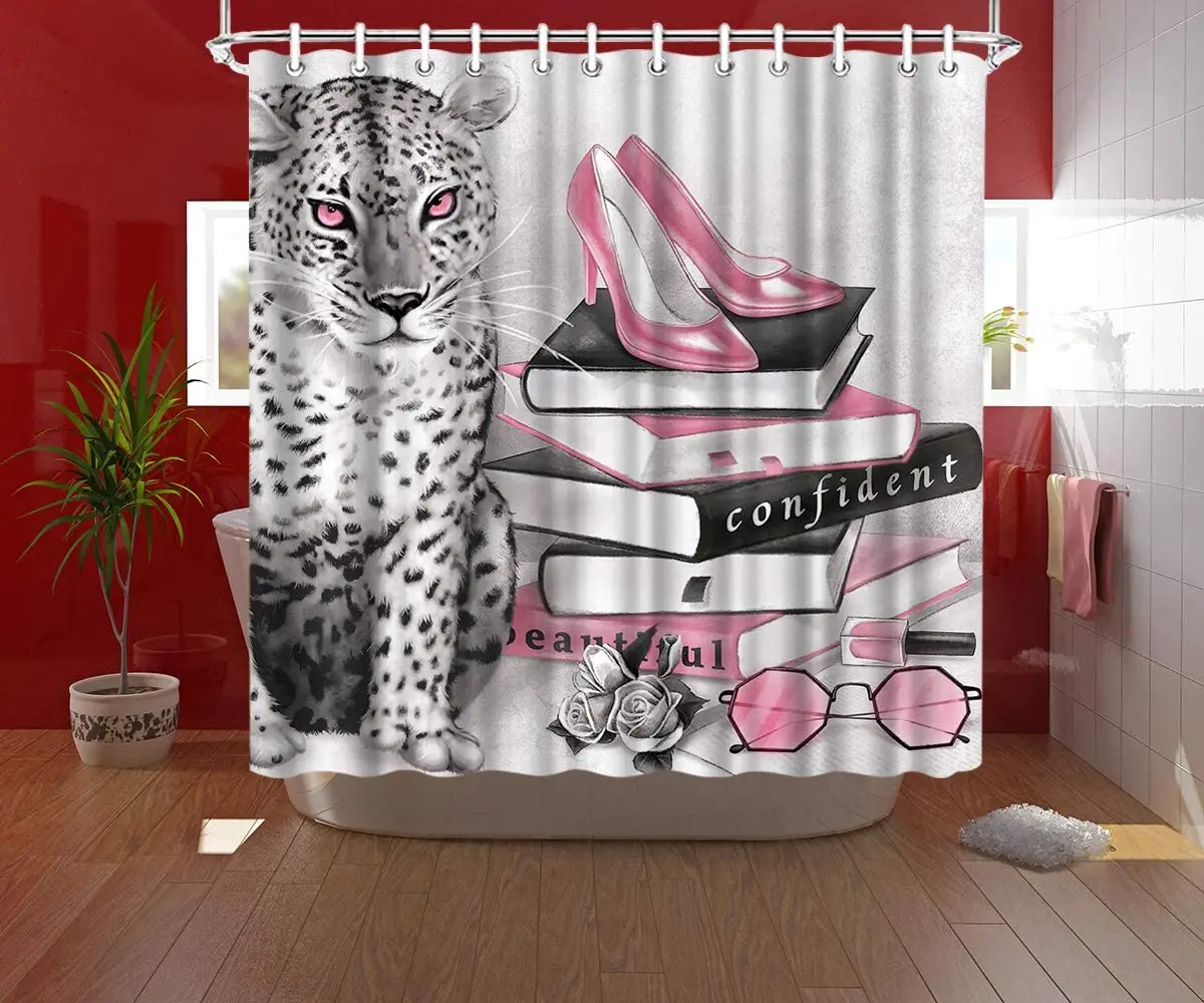 Fashion Leopard Shower Curtain Black White Pink High Heeled Shoes Bathroom Decoration Bathtub Cover Waterproof Fabric Home Decor