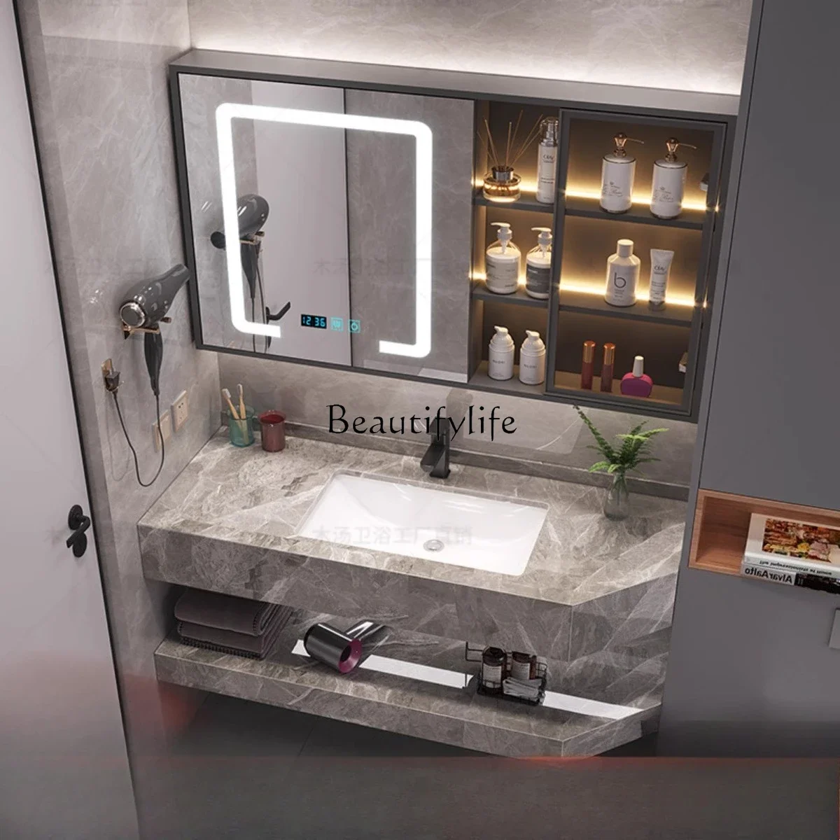 ls 42Rock slab seamless ceramic integrated basin special-shaped beveled corner toilet washstand bathroom cabinet