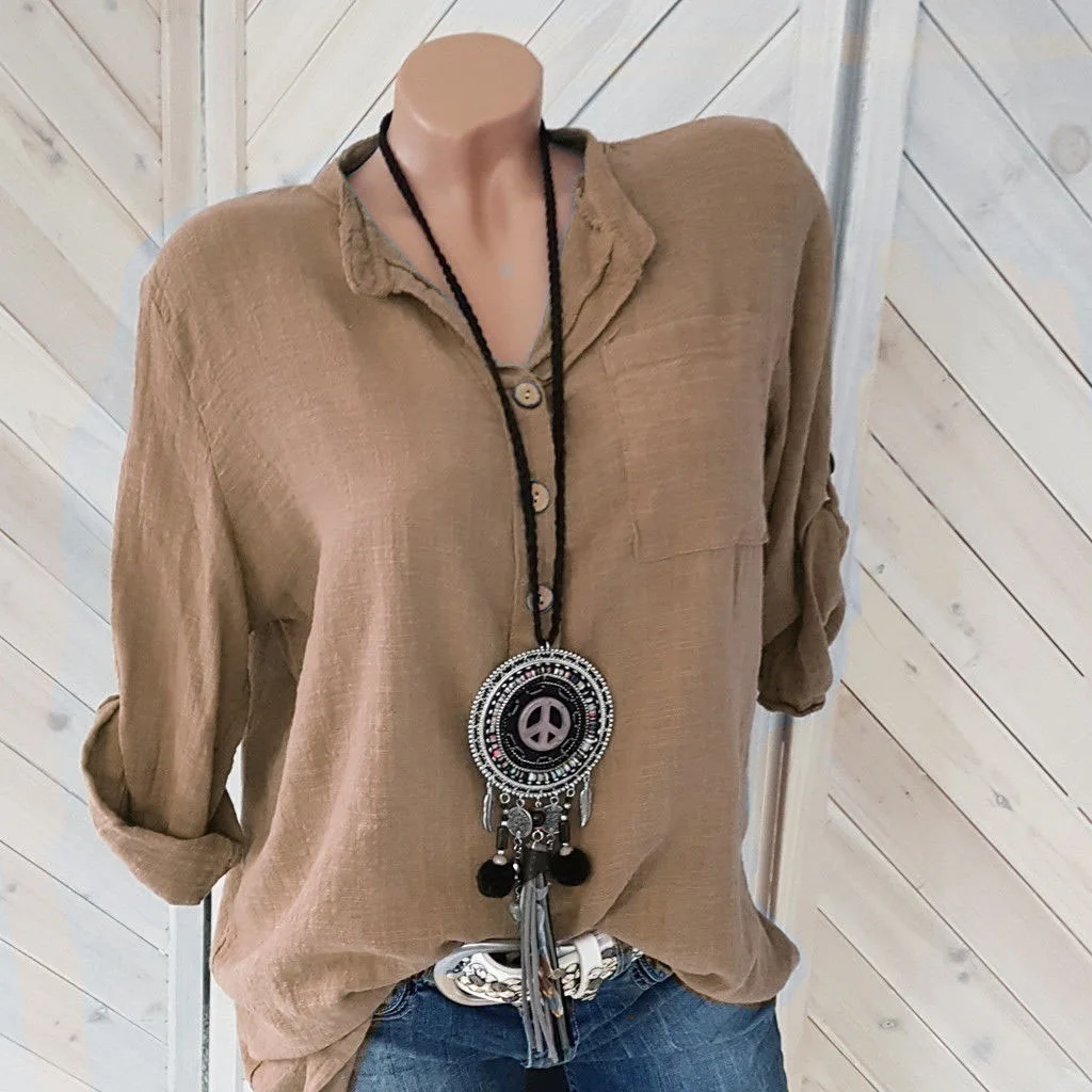 Vrouwen Blouse Plus Size Katoenen Linnen Top Lange Mouwen Henley Hals T-Shirt Casual Losse Herfst Zomer